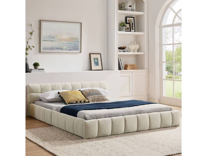 Lit Double 160×200 cm Rembourre en Chenille Matelassage Carre - LPOSPI - sans Matelas Bois et Fer Beige