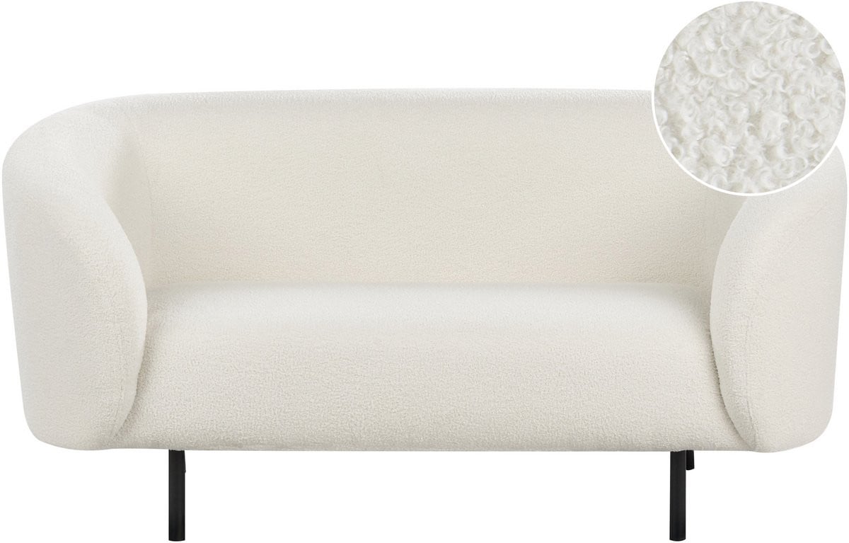 Loen Tweezitsbank gebogen glamour art deco bouclé wit met zwarte poten