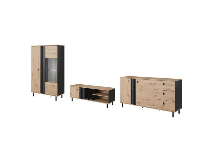 Feldmann-Wohnen Wohnzimmer-Set Madis sand grange eiche / anthrazit 3-teilig, Braun, Rechteckig, 393.3x148.8x40 cm, Wohnzimmer, Wohnwände