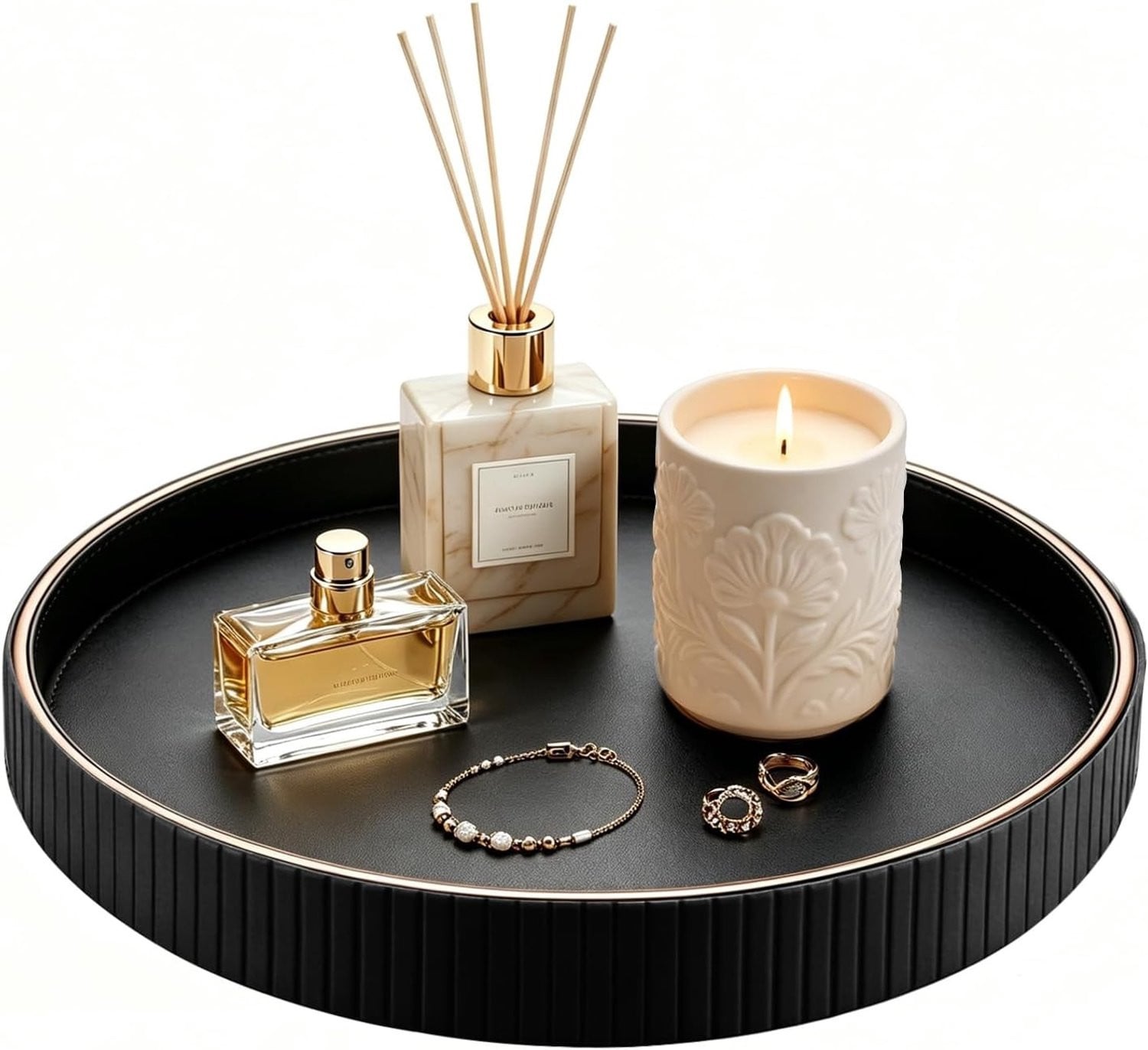 Rond leren dienblad van 30 cm - Decoratieve valet tray voor sleutels, sieraden en accessoires
