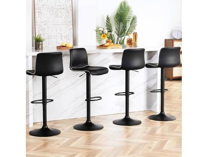 IDEALHOUSE Höhenverstellbare Barhocker mit Rückenlehne – Drehbar, PU-Leder, Metallfußstütze – Für Küche, Bar & Empfang – Schwarz, 4er-Set