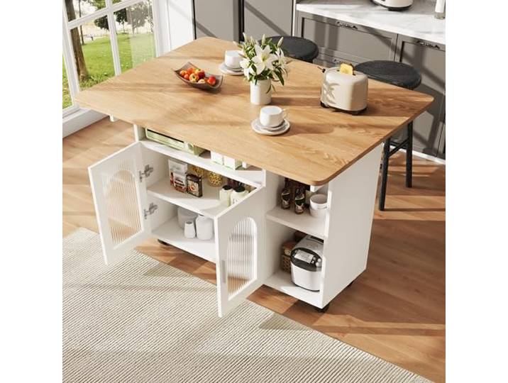 Kücheninsel Freistehend，Küchenwagen mit Rollen，Mobiler Küchenschrank，MDF Kücheninsel mit klappbaren Tischflächen，moderner Küchenschrank，multifunktionaler Speisewagen Esstisch mit Bequemer Stauraum