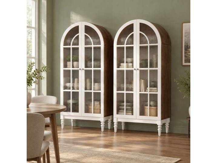 Vitrine haute - ZEVKOR - Vitrines hautes 4 portes - Verre strié - Lot de 2 - MDF blanc aspect noyer