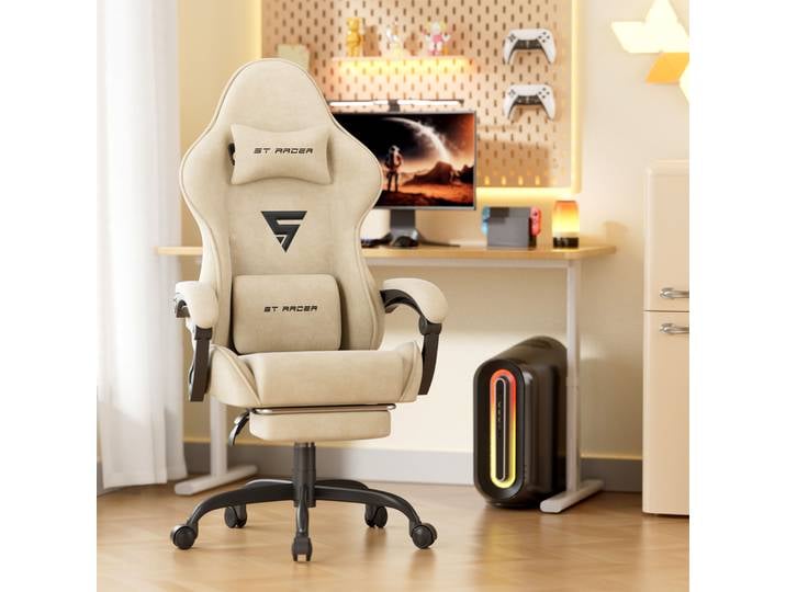 Chaise de jeu Soontrans, chaise de jeu ergonomique avec coussin lombaire massant, fauteuil de jeu, dossier réglable avec repose-pieds