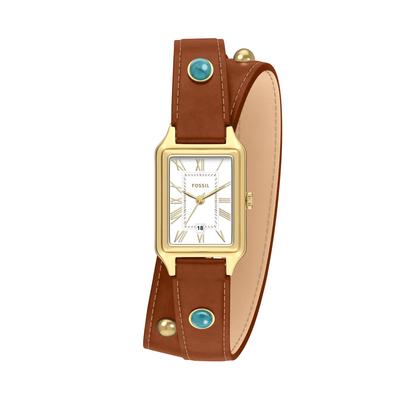 Quarzuhr FOSSIL "RAQUEL", gold (goldfarben, braun), Armbanduhren, Damen, Quarzuhr, Armbanduhr, Damenuhr, Lederarmband, analog, Tag, Türkis