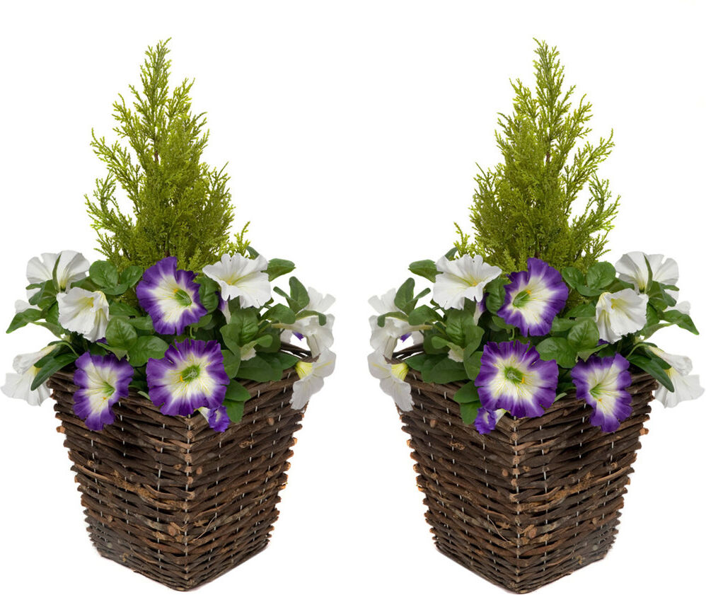 Lily Manor 2 x Artificial White Petunias Rattan Patio Planters Dark Purple/White