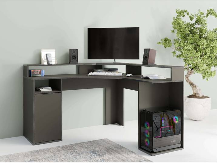 Eckschreibtisch HOME AFFAIRE Omaha , grau, B:139cm H:89cm T:139cm, Tische, Eckschreibtisch, Gamingtisch mit Tür, Towerfach und Monitorablage, Breite 139 cm