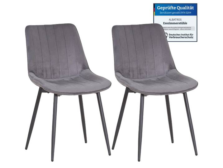Albatros BOSA Samtstuhl Grau – 2er-Set Esszimmerstühle im modernen Retro-Design, gepolstert & ergonomisch, DEKRA-, pflegeleichter Bezug