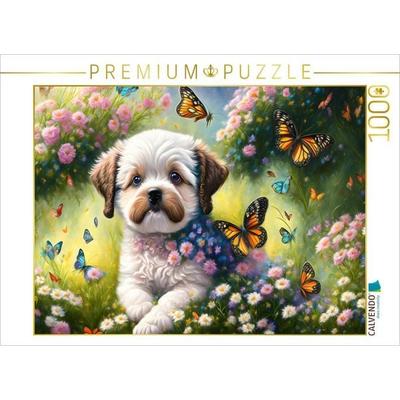 CALVENDO Puzzle Süßer kleiner Hund mit Schmetterlingen | 1000 Teile Lege-Größe 64x48cm Foto-Puzzle für glückliche Stunden