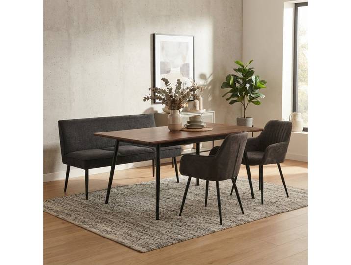 YOZI Essbank Essgruppe mit Sitzbank und 2/4 Stühlen, Dunkelgrau/Beige, Metallbeine (Set, Essbank und Stühle), Frei im Raum stellar