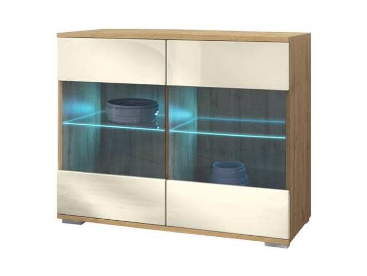 Vladon Kommode Bari V3, Moderner Küchenschrank mit 2 großen Glastüren inkl. RGB Beleuchtung Eiche Evoke/Creme Hochglanz (92,5 x 75.5 x 35)
