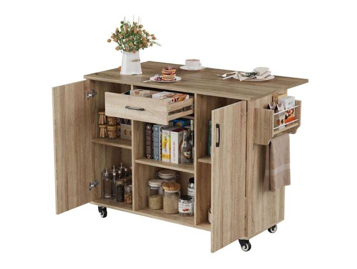 Desserte Cuisine avec Plan de Travail Pliant îlot Central Cuisine à Roulettes Chariot de Service avec 2 Portes 120x43.5-67.5x92.9cm