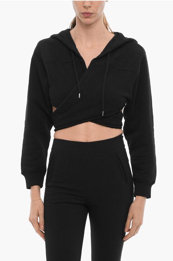 Einfarbiger, kurzer Hoodie zum Wickeln in der Taille in Schwarz