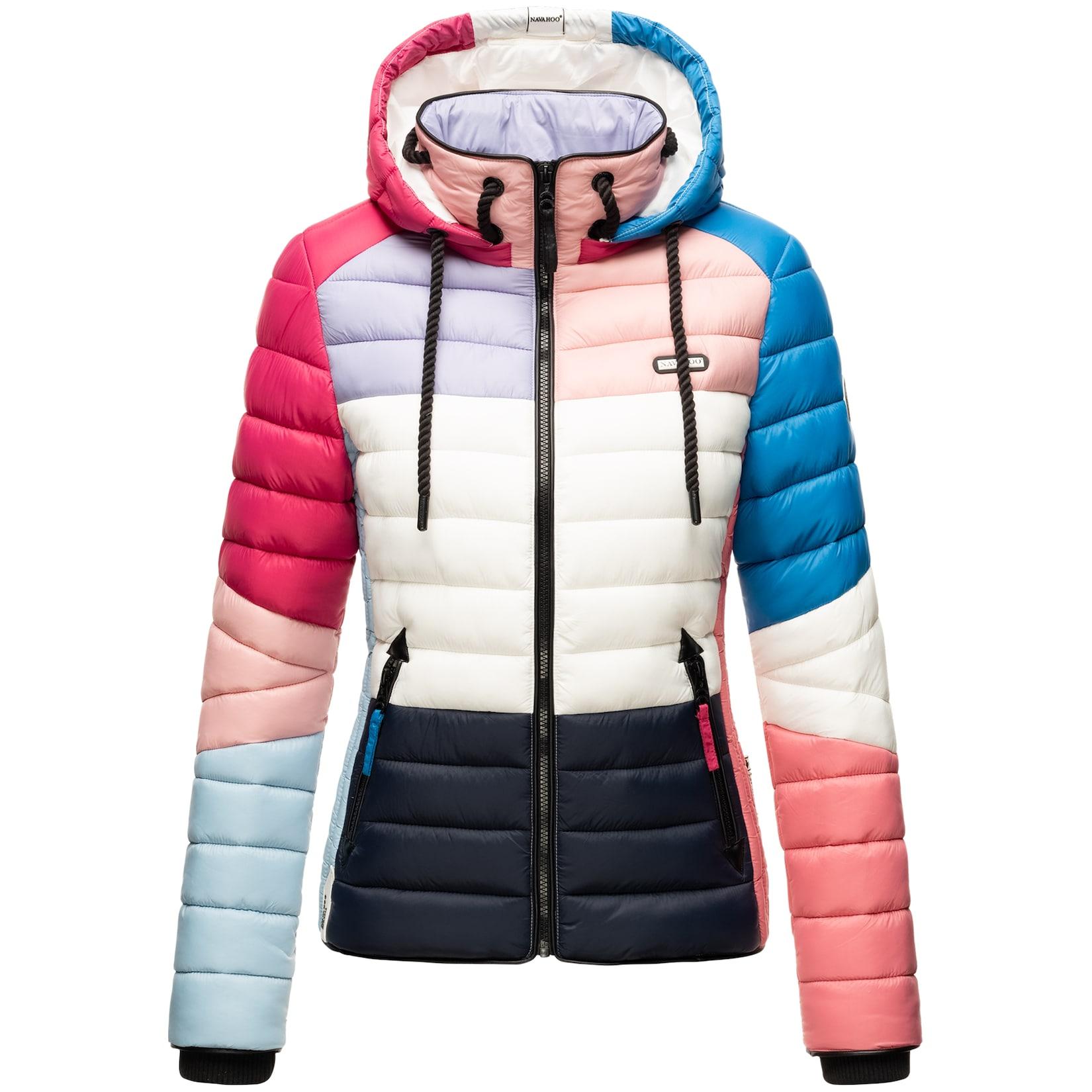 NAVAHOO Damen Steppjacke leichte Übergangsjacke mit Kapuze im Colourblocking Stil Lulana Multikulti