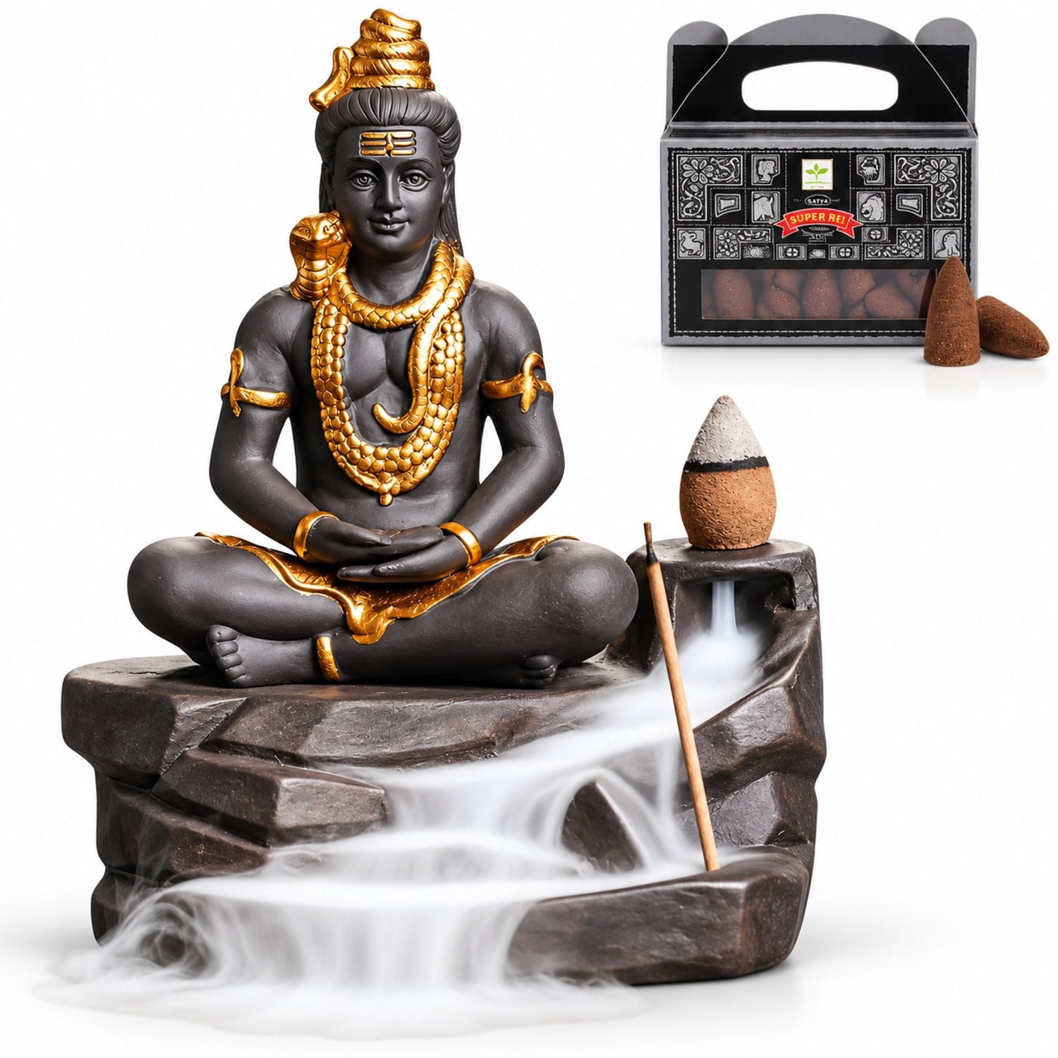 Seven Karma Rookwaterval Shiva Backflow Wierookhouder inclusief 24 Satya Wierookkegels voor meditatie en yoga