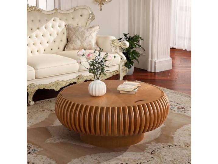 LOVEHOUGES Runder, moderner Couchtisch mit geriffelter Oberfläche Massives Holzfurnier, stabiler Sockel, einzigartiger, handgefertigter Teetisch aus Holz, einfache Montage