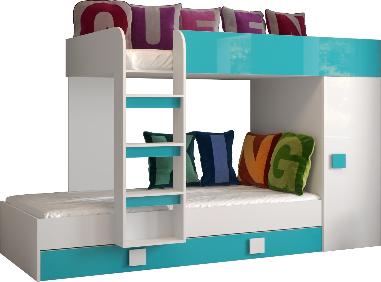 Etagenbett für Kinder Toledo 2 Stockbett mit Treppe und Bettkasten (Weiß + Türkis Glanz)