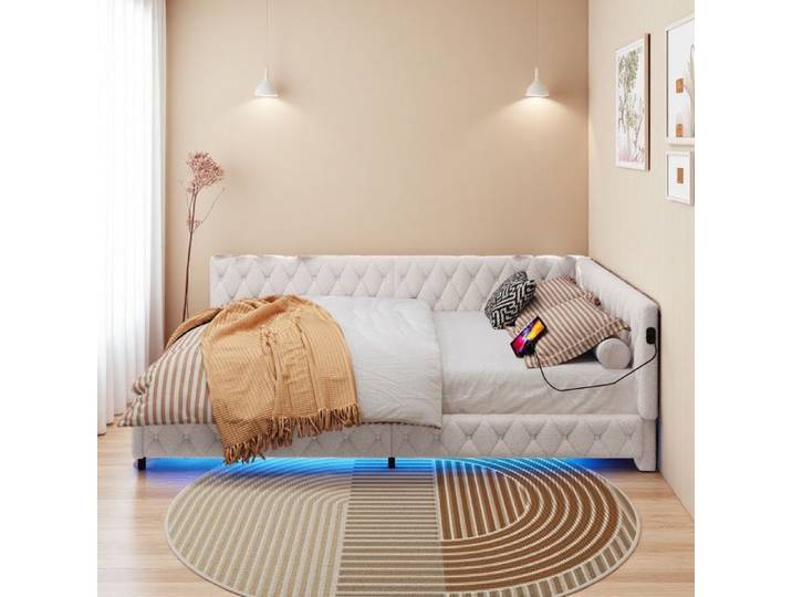 Lit Double 140 × 200cm Lit Rembourré avec Chargement USB Lit adulte éclairage LED Tissu polaire Beige