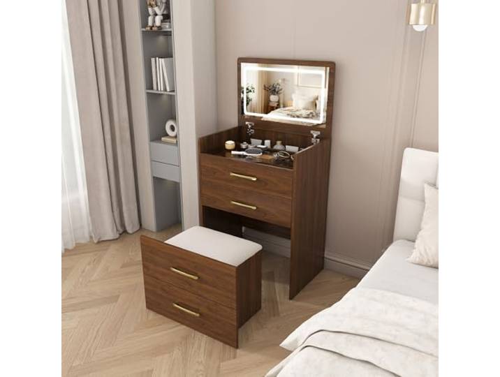 Leavader 3-in-1-Schminktisch mit offenem Spiegel, kleines Schminktisch-Set mit Tischplatte aus Klarglas, kompakter Schminktisch mit 3 Schubladen, B60/H118/T40 cm
