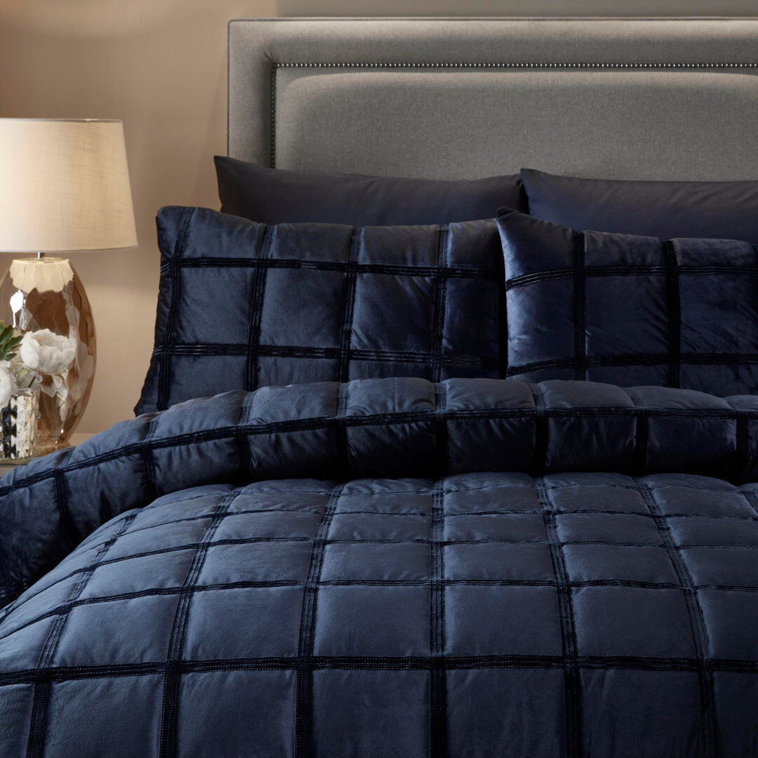 Soiree Brighton Square Velvet Geometric Shapes Duvet Cover Set with Pillowcases Included Navy Super King - 2 Standard Pillowcases