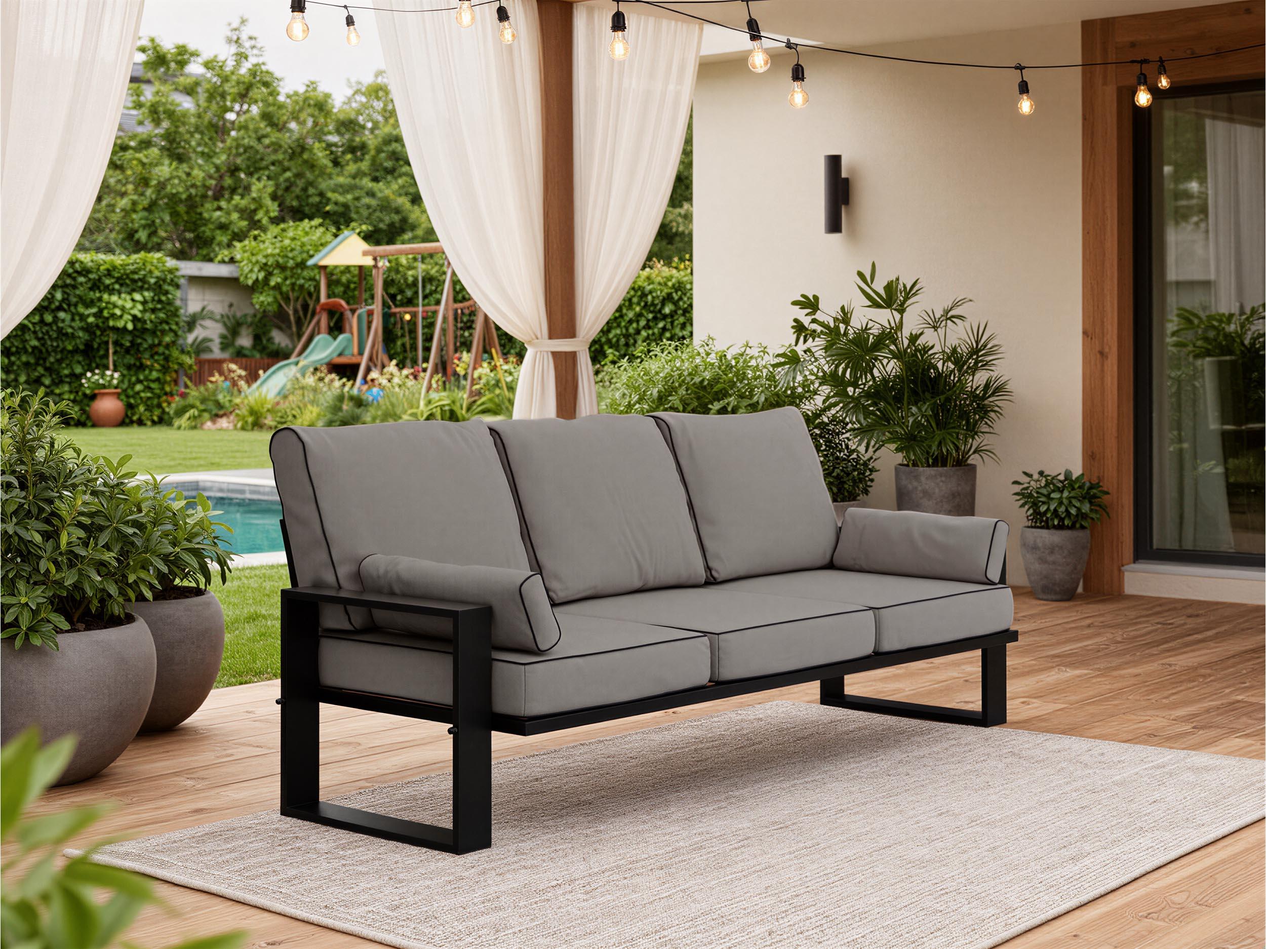 MKS MEBLE Outdoor Sofa, Wellenfeder, Terrasse, Metallbeinen, Wetterfest, 3-Personen - ELBA - grau