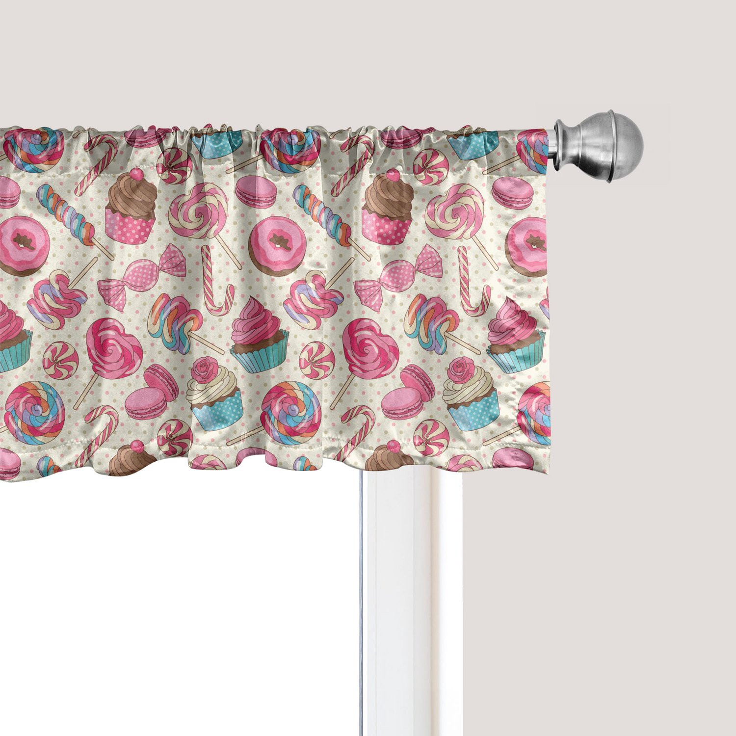 ABAKUHAUS Gordijnvalletjes Set van 2 met Snoep Patroon, Roze Crème, 137 x 30 cm