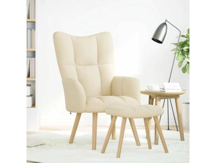 Relaxsessel mit Hocker Creme Stoff Polyestergewebe, Holz-und-Metall-Rahmen, gepolsterte Armlehnen, Fußstütze, Wohnzimmer, Lounge
