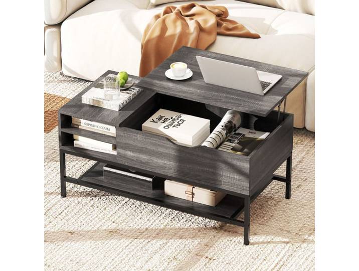 GOPLUS Table Basse Relevable avec Étagère de Rangement Amovible Compartiment Caché Étagère Inférieure 99 5x49 5x47 5cm Gris