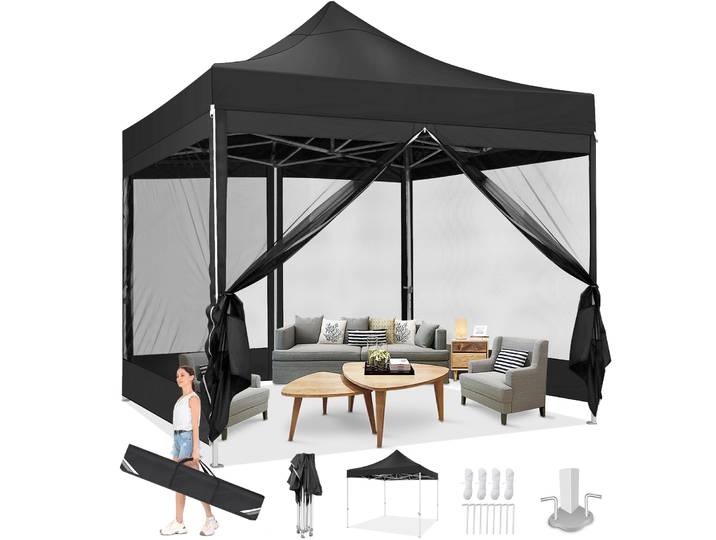Pavillon pliant 3x3m, tente instantanée d'extérieur, auvent de jardin, gazebo avec protection UV, 4 panneaux latéraux en maille pour cour et patio