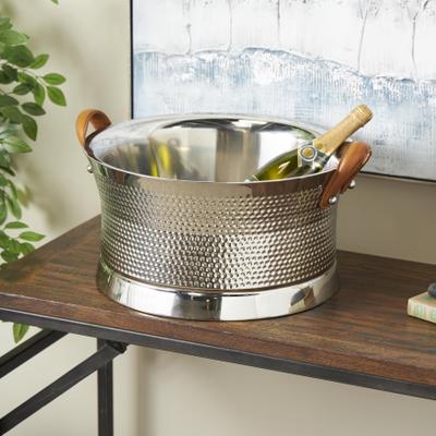 ARCILLA ELEMENTAL "Silver Stainless Steel Metal Hammered Ice Bucket with Brown Leather Handles - 18""W x 21""L x 11""H"