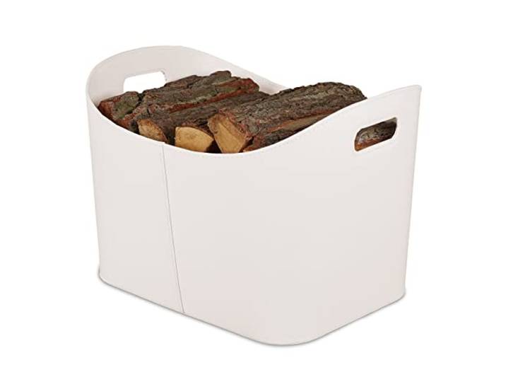 Relaxdays Panier à bûches Similicuir\, Rangement Solide pour Bois avec poignées\, XL\, Blanc crème