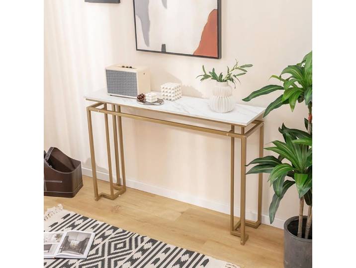 COSTWAY Console Meuble Entrée Effet Marbre - 120 x 30 x 80 5 CM - Table Console Scandinave Cadre en Métal Doré Pour Couloir Salon
