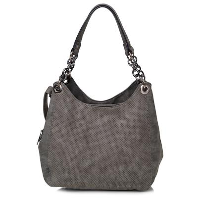 Schultertasche HARPA, Damen, Gr. B/H/T: 7cm x 26cm x 31cm, grau (dunkelgrau), Lederimitat, unifarben, Taschen Schultertasche, mit aufwendigen Tragegriffen und feinem Lasercut