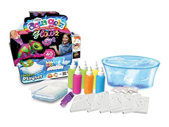 Simba 106322590 - Aqua Gelz Deluxe Set Glowz, 6 Flaschen Farbgel, mit Leuchteffekt, mit Lämpchen, 6 Formen, 8 Wasserzusatz, Schale, Kreativspielset ab 8 Jahre