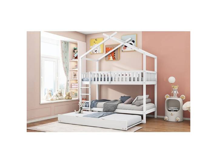 Lit Gigogne 90x200 cm Lit enfant Superpose avec Sommier à Lattes Lit 1 Personne Cadre de Lit Blanc