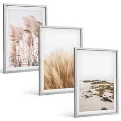 BILDER SET 3er Set - 40x60 cm Silberner Rahmen - Pampasgrasfelder und ein Boho-Strand