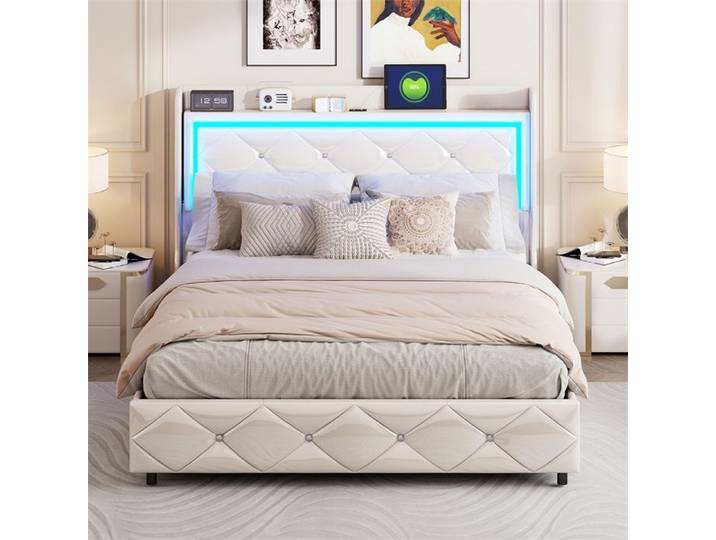 Lit 140x200cm - Lit coffre 140x200cm - Lit double en PU avec mécanisme hydraulique tête capitonnée strass LED et USB - Blanc