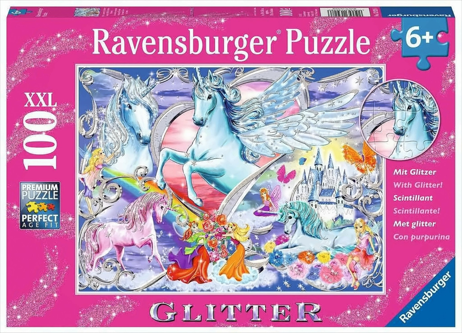 Ravensburger kinderpuzzel eenhoorns met glitter, 100 stukjes, XXL formaat