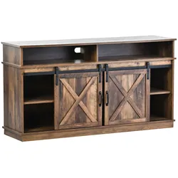 OKWISH TV-Schrank Scheunentor mit verstellbaren Regalen,2 Schränke & 4 offene Fächer,robustes Spanholz, modernes Bauernhaus,148x40x78cm 65-Zoll, Rustic Brown