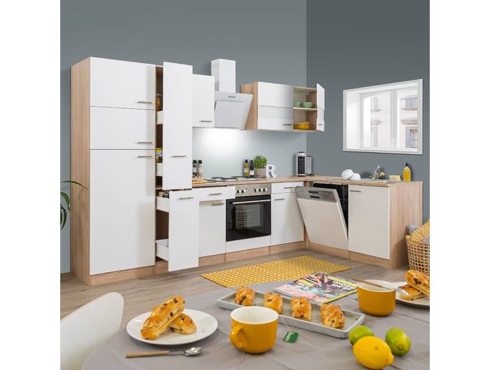 Bloc d’angle Merle sans appareils 310cm Blanc/Blanc/Imitation chêne brut de sciage
