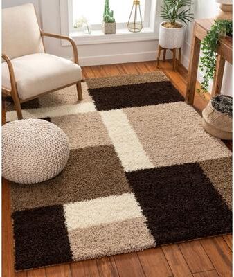 Well Woven Shag Plush Beige Brown Geometric Boxes Area Rug - 5' x 7'2