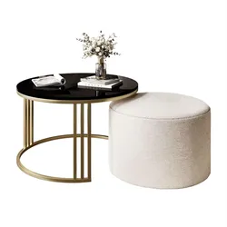 COUCHTISCH mit Hocker LORI Hochglanz gebürstetes Gold/Schwarz glänzend/Perfect Harmony 01