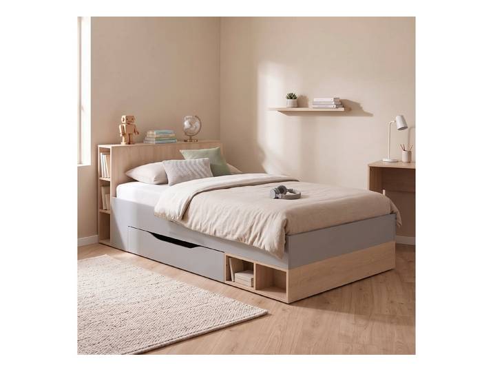 Lomadox Jugendbett ORIELLA_133, mit 120x200 cm Liegefläche, Grau mit Eiche, Schublade, Regalfächer