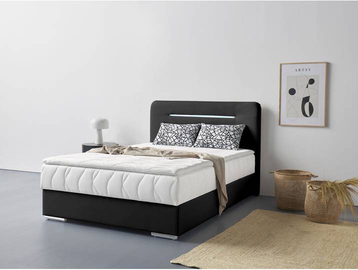 Boxspringbett, Polyester, Schwarz, 146×207 cm, Mit LED-Beleuchtung, Bettkasten & Topper, Cotta