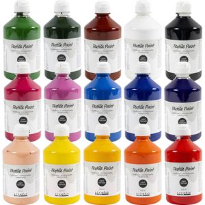 Creativ-Company Stoffmalfarben Textilfarbe, 15 Farben, für helle Textilien, waschfest bis 40°C, 15x 500ml