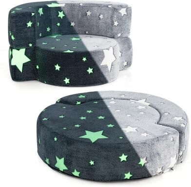 Costway 2-in-1 Convertible Glow in the Dark Kids Sofa with Removable Washable Cover-Gray