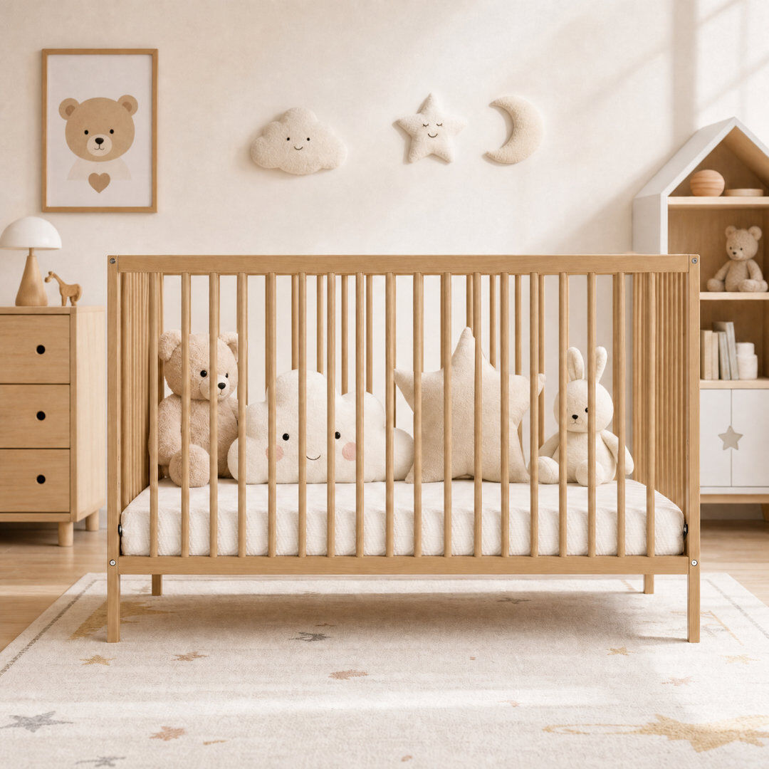Harriet Bee 4-in-1 Round Spindle Guardrail Cot Bed Natural Wood Standard