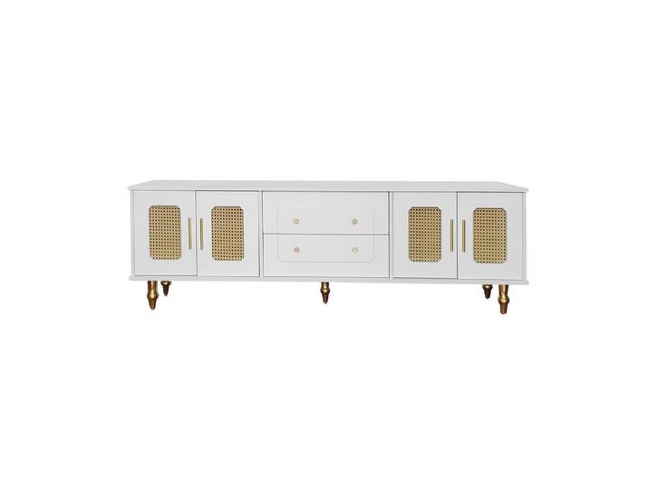 EXTSUD TV-Schrank Lowboard, TV-Möbel im Retro-Stil: goldene Griffe, viel Stauraum Mit Glastür und Beinen aus Massivholz