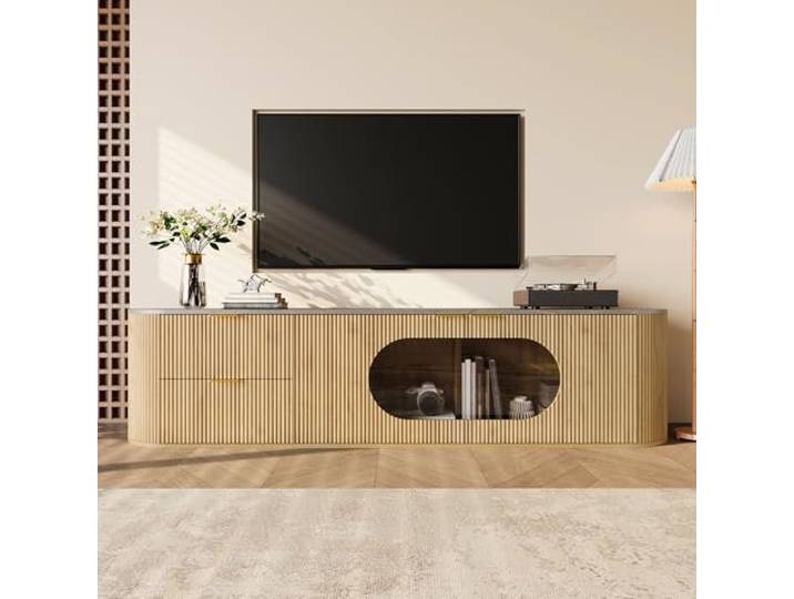 VIIOOIIV TV-Schrank, abgerundete Ecken Lowboard 172 cm lang, Fernsehtisch für Wohnzimmer mit 2 Türen, Schublade und Schrank, Natürlich (172 * 38 * 45.5 cm)