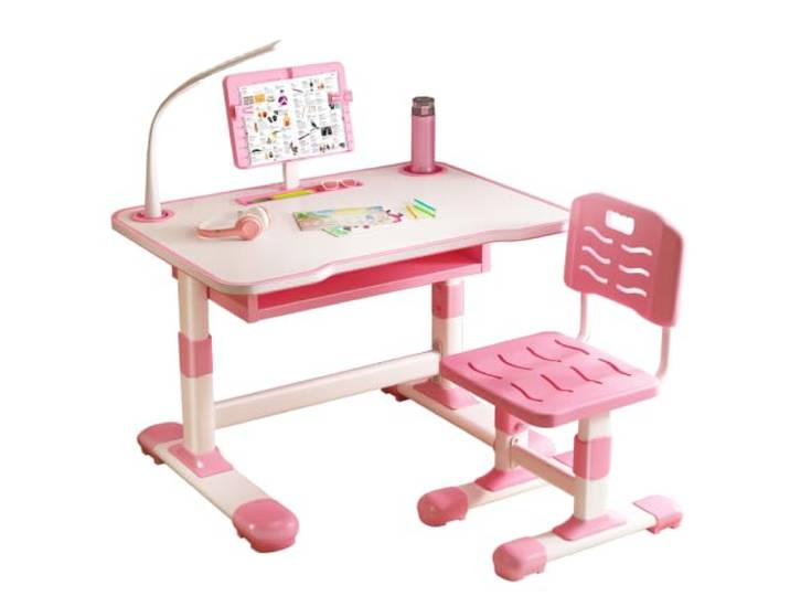 Fiauli Kinderschreibtisch-Stuhl-Set, höhenverstellbar mit Schublade Langlebige MDF-Platte und Metallrahmen, ergonomisches Design für Kinder, ideal für das Home-Schooling Rosa 4